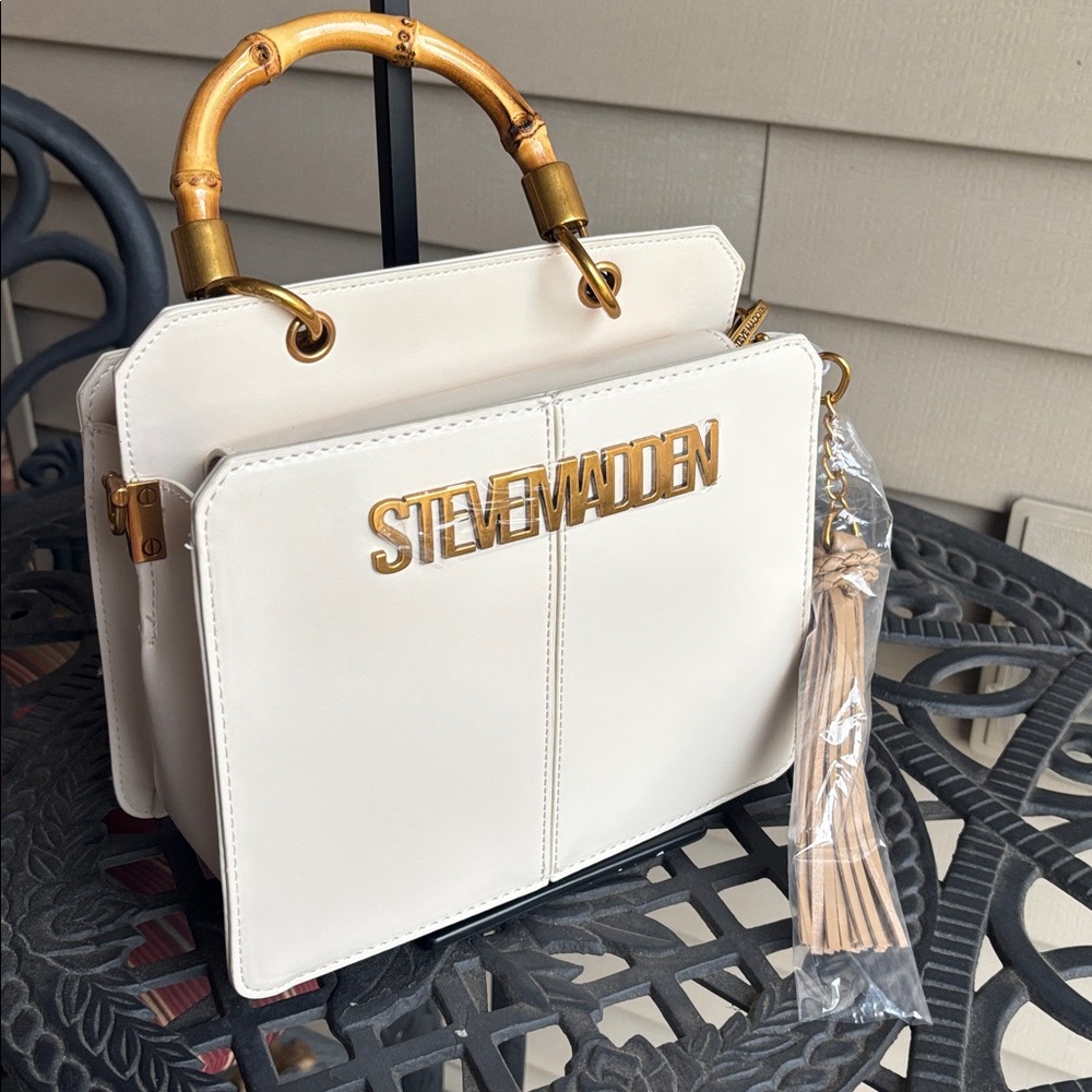 Steve Madden Vanilla Satchel with Bamboo-Style Handle and Gold Hardware